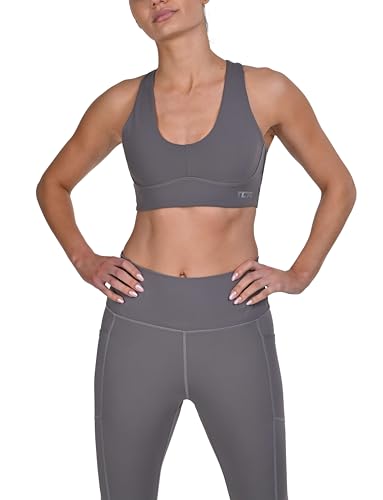 TCA Sujetador Deportivo Mujer Alta Sujeción - Top Deportivo Mujer con Espalda Nadadora y Almohadillas extraíbles - Sin Costuras y Sin Aros - Sports Bra Tirantes Ajustables - Negro/Gris Claro, S