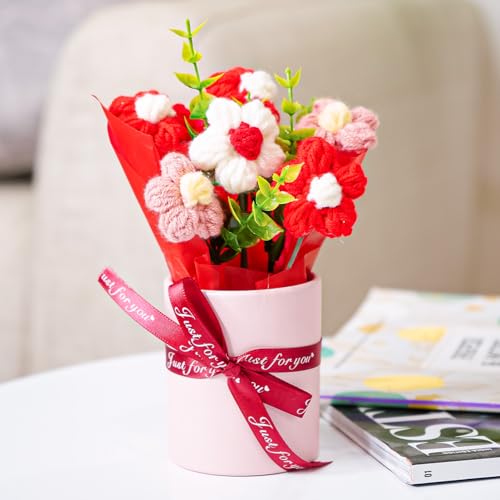 Image of Nostrae by Ekhasa Red Cherry Blossom Crochet Flowers Bouquet (Small Size) | Knitted Flowers For Gifting | Woolen Bouquet Perfect For Crochet Gifts | Handmade Bouquets Gift