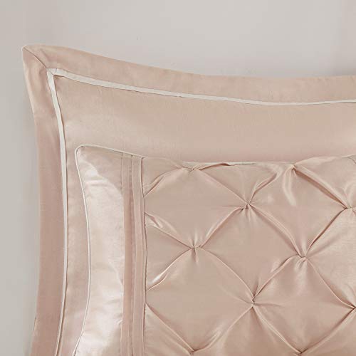 Madison Park Essentials Room in a Bag Faux Silk Comforter Set-Luxe Diamond Tufting All Season Bedding, Matching Curtains, Decorative Pillows, Cal King(104"x92"), Blush 24 Piece (MPE10-811)