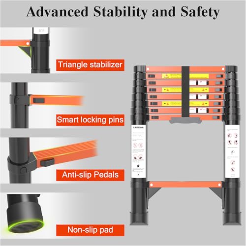 Image of Telescoping Ladder Extension Telescopic Collapsible - 8.5 FT Rv Telescope Foldable Extendable Tall Compact Aluminum Ladders - for House Roof Travel Trailers Adjustable Retractable - 330lbs Capacity