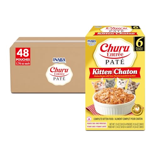 Image of INABA Churu Entree Pate for Kittens, High Protein & Moisture, Prebiotic Wet Cat Food, 1.76oz. per Serving, 48 Pouches, Chicken Recipe with Tuna