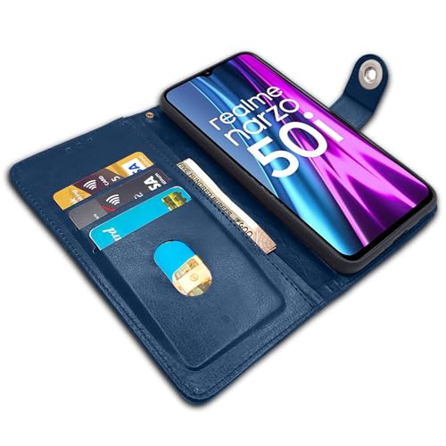 Image of Pikkme Realme Narzo 50i Flip Cover | Genuine PU Leather Finish | Full 360 Protection | Wallet Style | Inbuilt Pockets & Stand | Strong Button Closure Magnetic Flip Case for Realme Narzo 50i (Blue)