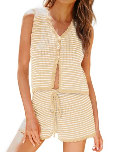 Tankaneo Womens 2 Piece Shorts Set Striped Summer Vacation Outfits Button Down Knit Vests Tops Casual Beach Matching Sets