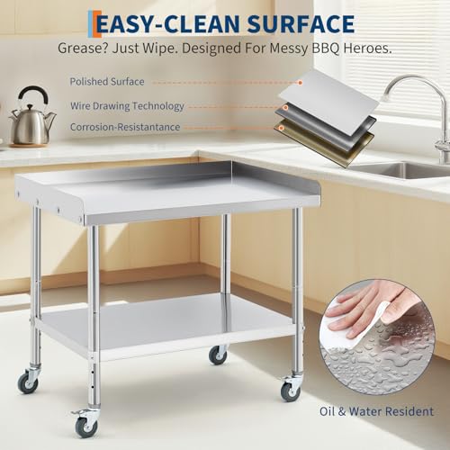 Image of Equipment Grill Stand Table 36x30x30 Inch Stainless Steel NSF Certified 400 Lbs Capacity with Adjustable Legs, 2 inch Edge Baffle, for Hotel, Home, Commercial Restaurant Kitchen