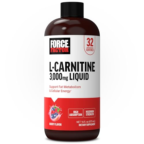 Force Factor L-Carnitine Liquid 3000mg Maximum Strength Supplement to Support Fat Metabolism Cellular Energy & Muscle Recovery High Absorbing Non-GMO Berry Flavor 16 oz Bottle