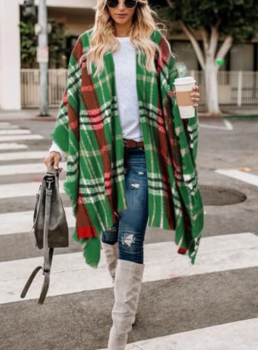 Image of Bestshe Women's Boho Open Front Poncho Plaid Shawl Wrap Cape | Tassel Cardigan Sweater, Cozy Layering, Fall Winter Clothes for Women