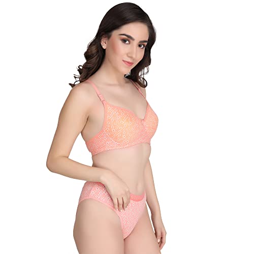Image of Women Padded Printed Bra Panty - Made of Pure Cotton Full Coverage Non Wired Seamless Pushup Soft Cup for T-Shirt Saree Dress Sports Garment for Daily Use Everyday