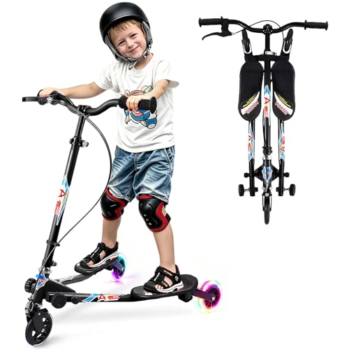 AOODIL Trottinette Swing pour Enfants, Trottinette Pliable à 3 Roues avec Guidon Réglable à 4 Positions et 2 Roues Arrière à LED pour Garçons et Filles...