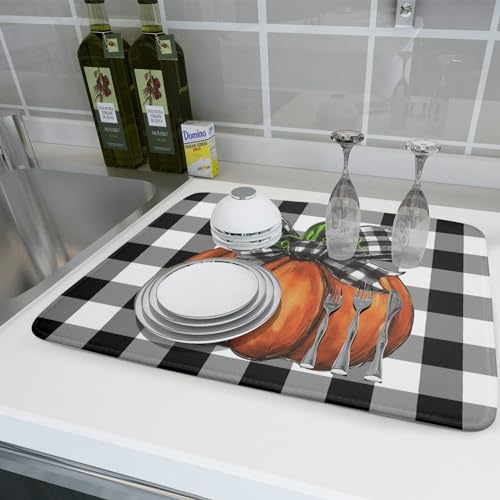 Lvhompro DDM99 Fall Dish Drying Mat For Kitchen Counter Black White Buffalo Check Pumpkin Thanksgiving Harvest Absorbent Reversible Microfiber Kitchen Countertop Protector Dishes Pad Large 18X24 Inch thumb #5