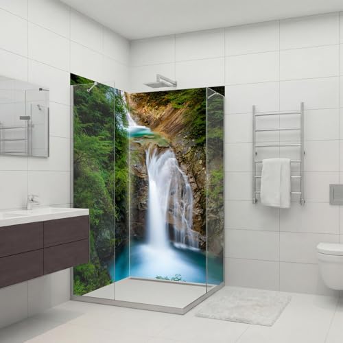 dedeco Eck-Duschrückwand wasserfest Motiv: Wasserfall V20, UV-Lack matt, 2 x 90x200 cm, Badrückwand, Fliesenersatz fugenlos Wandverkleidung Duschplatte Duschrückwände aus Aluminium, Made in Germany