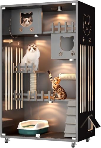 LumoLight猫 ねこ 大型 2段 ハンモック キャスター付き コンパクト ケージ 天井扉 ペット猫ハウス猫別荘木防水猫透明ペット展示ケース大型 ドア付き 組立簡単 留守番 多頭 (グレー,E)