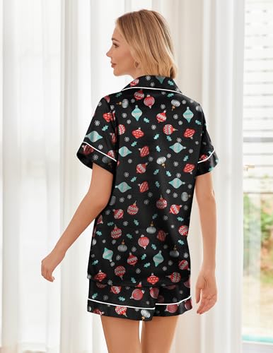 Image of Ekouaer Womens Silk Satin Pajama Sets Soft Short Sleeve Button Down Sleepwear Top and Shorts 2 Piece Pjs Lounge Set