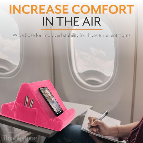 Brookstone, Memory Foam Lap Desk Tablet Holder, Holds Phones, iPads, E-Book Readers, 2 Viewing Angles, 2 Side Pockets for Accessories, Book Holder Cushion, Perfect Home, Car Travel, Flights, Pink - Image 4