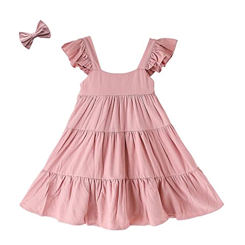 Anata Flower Girl Spring Dresses Linen Baby Girls Ruffle Solid Color Dresses Sleeveless Birthday Party Outfits Toddler Girls A-Lined Princesses Twirl Pleated Playwear Valentine's Day Blush Pink 6T #TOP6