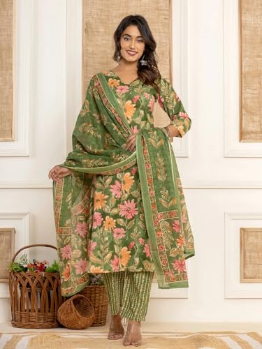 Nainvish Women's Viscose Rayon Printed Straight V-Neck Kurta Pant With Dupatta (Sd711_Kbd-Xxl_Green)