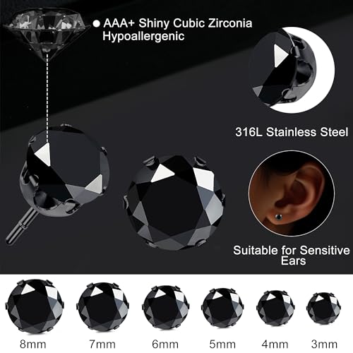 FIBO STEEL 3 Pairs Stainless Steel Black Stud Earrings for Men Women Hypoallergenic Mens Earrings Stud Set, Black Silver Square Round Diamond CZ Studs Earring Pierced 3mm-8mm2