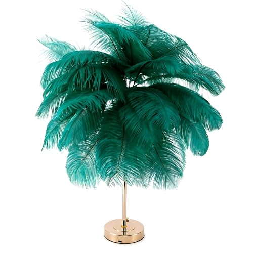 Image of Creative Green Ostrich Feather Table Lamp Bedside Lamp Light Luxury and Elegant Lampshade Night Light Table Lighting for Living Room Bedroom Home Decoration, Plug-in