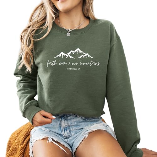 Faith can move mountains Sweatshirt Christian Long Sleeve Shirts Jesus Faith Cross Graphic Casual Loose Pullover Tops Sand