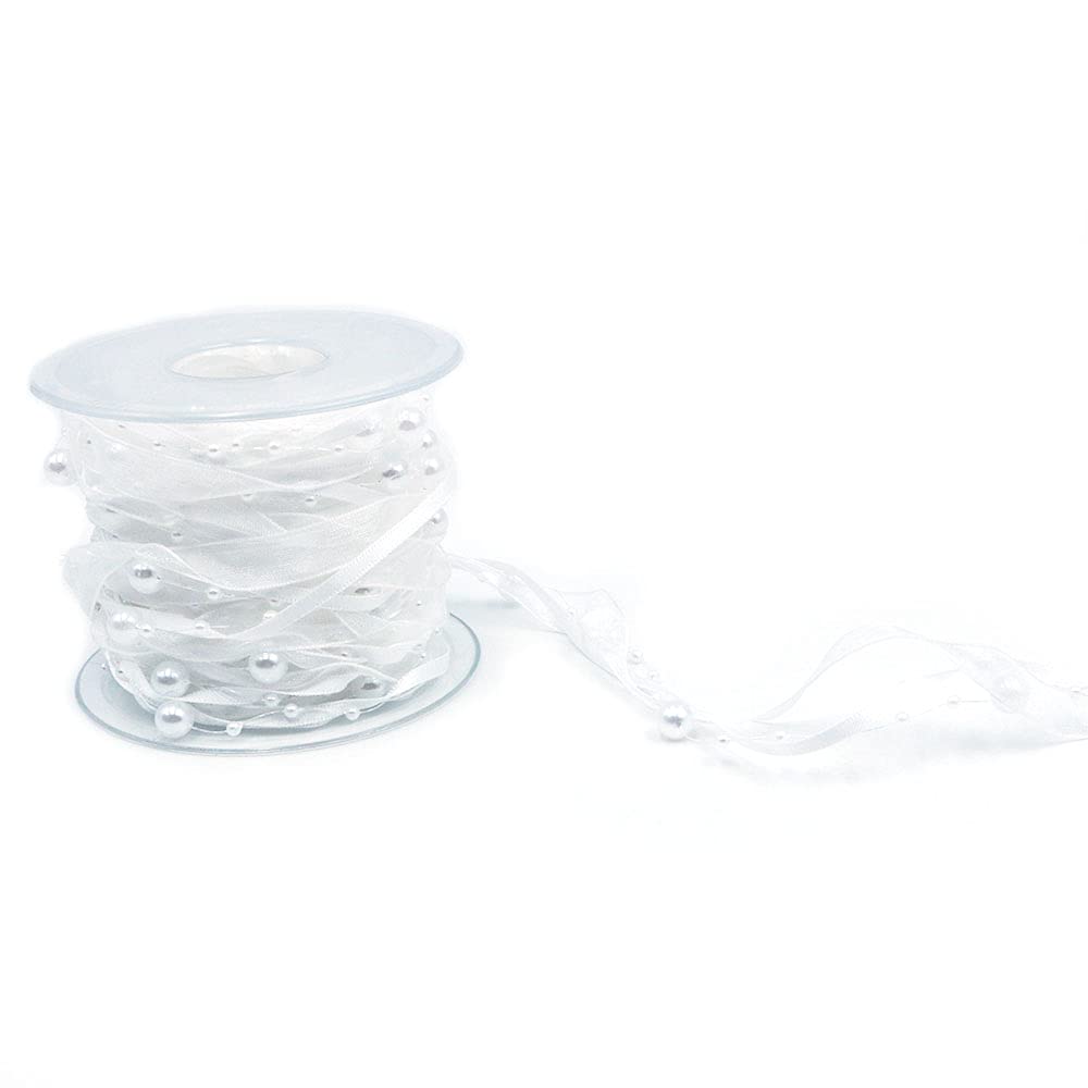 Ancllo White 10M Artificial Bead Ribbon Chiffon Ribbon And Organza Lace Ribbon Trims For Wedding Flower Christmas Tree Decoration Sewing Craft Packaging