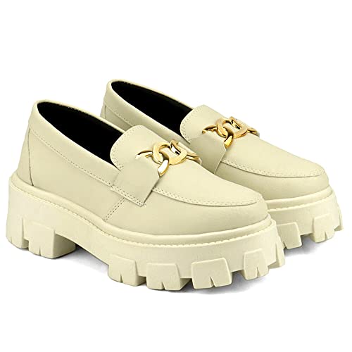 Mocassim Feminino Tratorado GuGi Com Metal Oxford Plataforma Blogueira Leve 403-GG (38, Marfim)