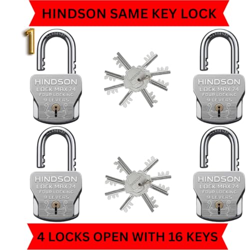 Image of HINDSON 16 Same Keys MAX 74mm 4 Locking System | 9 Lever Mechanism | Chrome Finish Heavy Duty Big Size 610g Approx | 4 Locks with 16 Same Keys for Gate, Shutter & Home Use