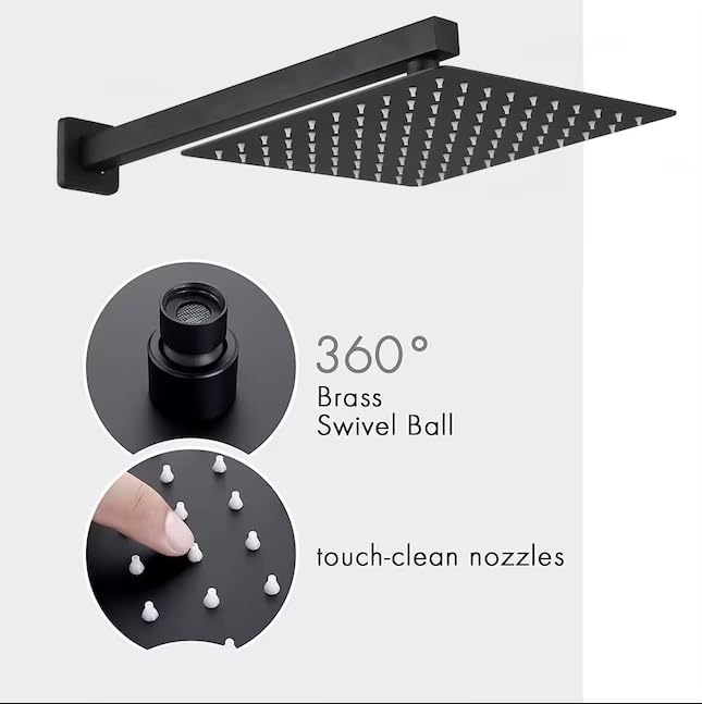 Close-up of the WELLFOR shower head showing the touch-clean nozzles and the 360-degree brass swivel ball.