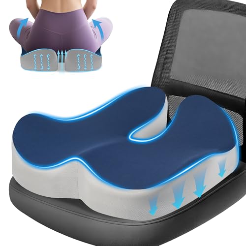 Lofty Aim Office Chair Cushion, Ergonomic Memory Foam Seat Cushion, Tailbone-Sciatica Pain Relief Pillow, Desk Butt Pillow for Office Chair, Car Seat, Airplane, Wheelchair - Blue&Gray