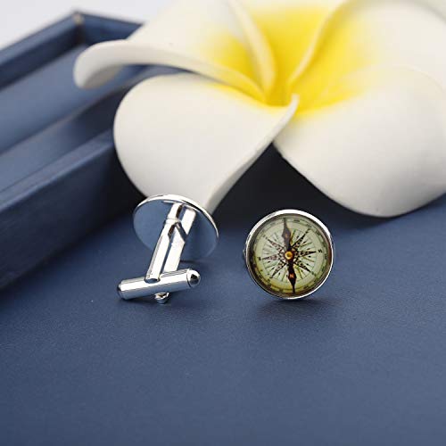 Myospark Nautical Compass Glass Dome Round Cabochon Cufflinks Wanderlust Jewelry Travel Gift For Boyfriend Husband Dad (Compass Cufflinks) #TOP2