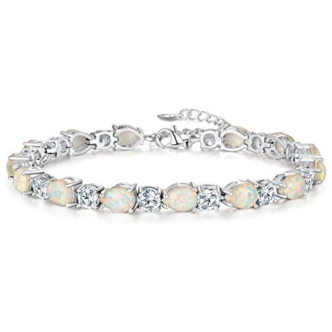 CiNily Opal Tennis Bracelet Pink Cubic Zirconia October Birthstone Bracelets for Women 14K White Gold Plated Oval Fire Opal Jewelry Cover