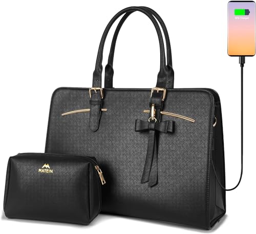 MATEIN Laptop Handtasche Damen, Business Taschen Leder Aktentasche 15.6 Zoll Laptoptasche Elegant Mittelgroß Arbeitstasche Damen Büro Schule Taschen Shopper Handbags for Women, Frauen, Schwarz