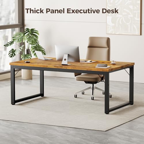 Image of 48 Inch Computer Desk, 1 inch Thick Small Office Table, Brown | Modern Simple Style, Heavy Duty Industrial Frame, Small Study & Writing Table for Home Bedroom Work