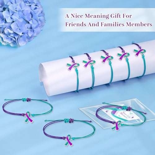 MOSOTECH 10 Pcs Suicide Prevention Awareness Bracelets with Independent Package of Each Piece, Adjustable Cord Purple Teal Ribbon Braided Bracelets for Women Men, Charity Public Activity Supplies Gift3