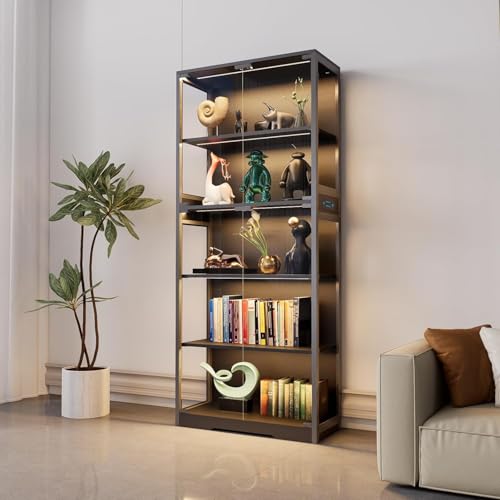 IUXPAM Display Cabinet with Glass Doors, 5-Tier 65" Glass Display Cabinet with LED 3-Color Lights & Human Body Sensor, Curio Cabinet with Textured Wood Shelves for Collectibles,Black Iron Frame