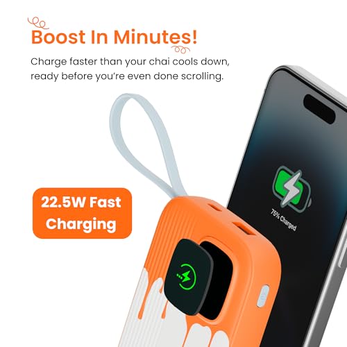 Image of Armor Scoop Power Bank 10000mAh Fast Charging 22.5W | 2 Built-in Cables | 2 Output Ports | Type C Input & Output | Supports Android, Apple, Tablets, Earbuds, Watch | 5 Layer Protection (Orange Burst)