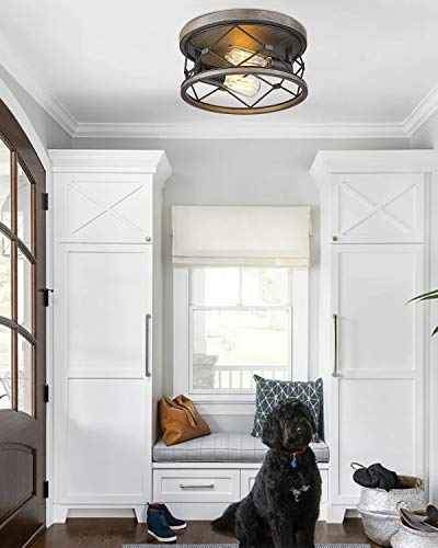 Osimir Flush Mount Lighting Fixture, 12Inch 2-Light Metal Ceiling Light Fixtures, Black & Wood Grain Texture Finish, Re9179-2B #TOP4