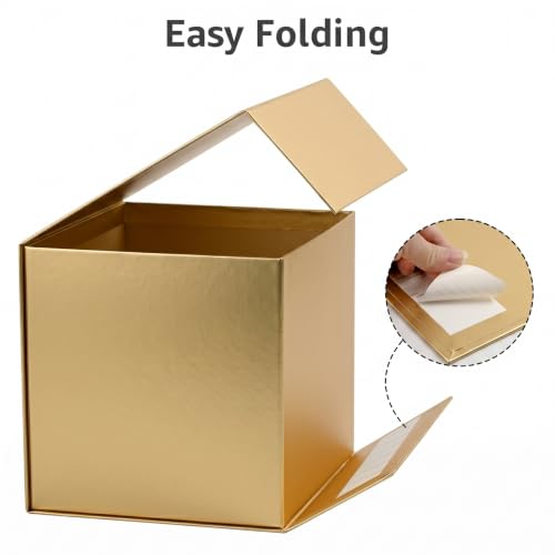 Image of LIFELUM Gold Square Gift Box 10.2 x 10.2 x 10.2 inch, 1 Pack Luxury Magnetic Gift Box with Lid, Card, Ribbon, Shredded Paper Filler for Birthday, Business, Wedding, Graduation Gifts