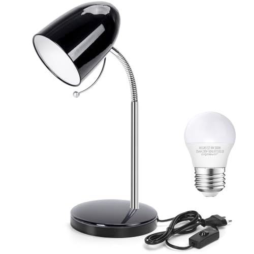 Aigostar Lámpara de Escritorio Retro de Metal, Flexo LED Escritorio con Cable de 153cm, Lámpara de Mesa con E27 Bombilla LED, Cuello de Luz Flexible, 6500K Luz Blanca, Negro