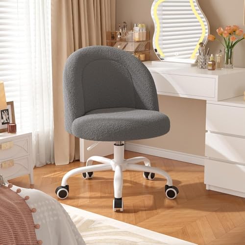 Image of DurayLoly Vanity Chair with Back, Cute Desk Chair with Wheels, Armless Chair with Height Adjustable & 360 Swivel, Soft Lumbar Support for Small Space, Bedroom, Grey