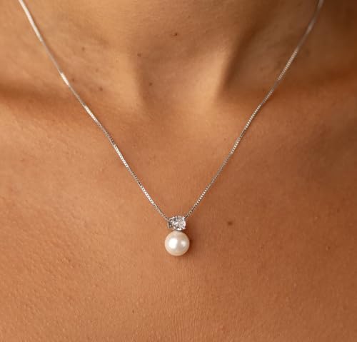 Mariell White Pearl Bridal, Bridesmaid Necklace with Cubic Zirconia Crystal, Pearl Wedding Jewelry, Perfect for Mother of the Bride, Birthday Gift, Everyday Wear3