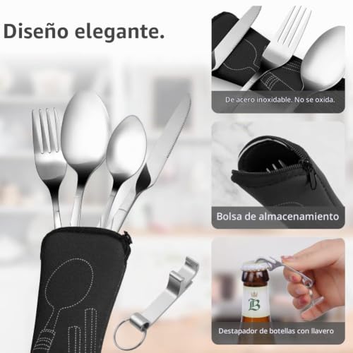 Miniatura 3 de Vicloon 6pcs Cubiertos Para Llevar De Camping De Acero Inoxidable, Juego De Trabajo Para Exteriores Viajes, Azul-Estrella