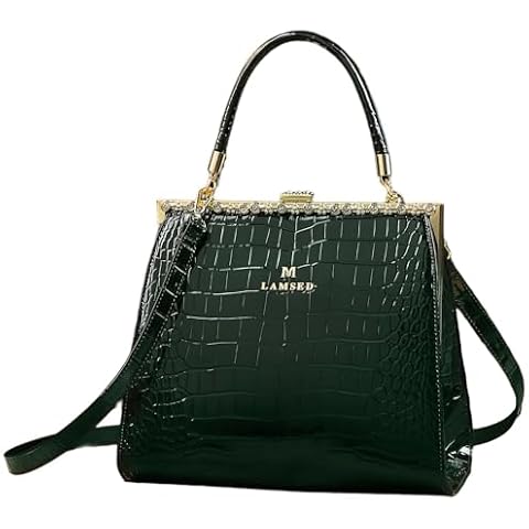 Crocodile Pattern Leather Women's Bag Diamonds Clip Top Handle Satchel Crossbody Handbags Evening Bag Purses Shoulder Bags (Green) Cover