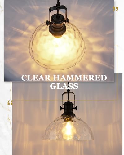 Image of 10.5 inch Black Pendant Light for Kitchen Island, Hammered Glass Shade | Farmhouse Vintage Hanging Light Fixture for Dining Room Entryway, Adjustable Cord, E26 Base, AD-22151-1PL-BK-H
