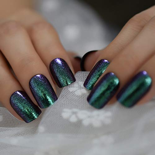 Fake Nails Medium Size Square Squoval Shape Predesigned Press on Nail (Rainbow Green)
