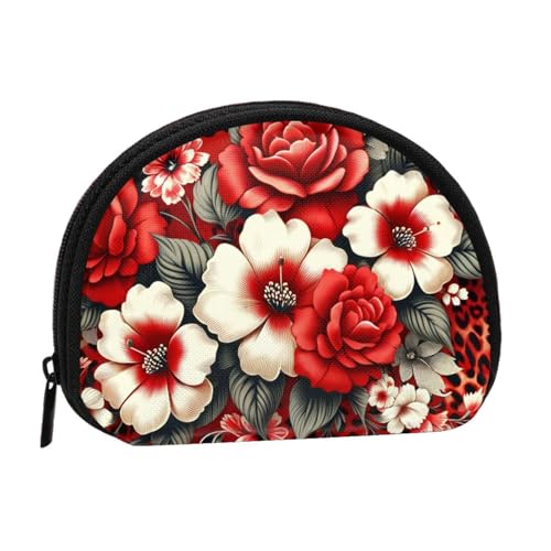 Portable Coin Purse Flowers-Leopard-Print Mini Zippered Money Pouch Card Holder