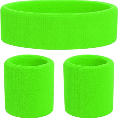 TK Gruppe Timo Klingler 3 in 1 Schweißband grün Set mit Stirnband - als Accessoire Vokuhila Kostüm zu Retro neon 80er 90er Outfit Fasching & Karneval(Schweißband Set Neon Grün)