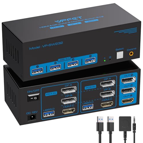 8K KVM Switch 3 Monitors 2 Computers HDMI Displayport 4K@120Hz Triple Monitor KVM Switches for 2 PC Share 4 USB 3.0 Ports Support Extended & Copy Mode Desktop Controller 12V Adapter Included