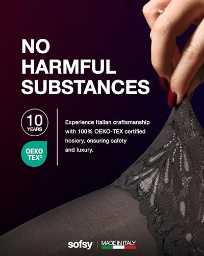 Image of sofsy 100% OEKO-TEX Certified - Italian Women's Opaque Thigh High Stockings | Ultra Soft Dual Silicone Lace Top Stay Ups