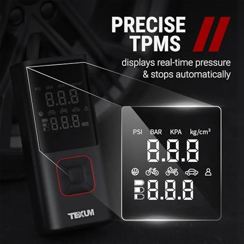 Image of Texum TAP-25 Cordless Tyre Inflator - Multipurpose Portable Air Compressor 160PSI, Air Pump for Car Tires, Balls and Inflatables (Red)