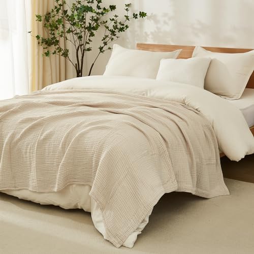 EMME Cotton Blanket Queen Size for Bed Soft Muslin Bed Blankets 90"x90" Lightweight Breathable Bedspread Coverlet All Season Gauze, Light Tan