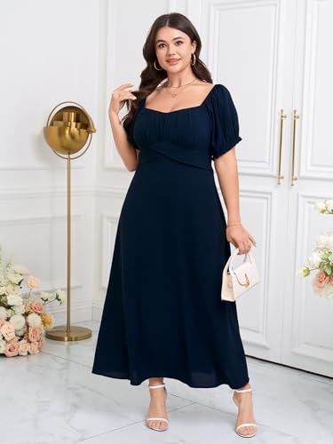SCOMCHIC Women's Plus Size Wedding Guest Dress Semi Formal Short Sleeve Square Neck A-line Long Cocktail Maxi Dresses3